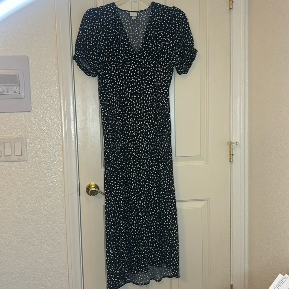A New Day Puff Sleeve V Neck Maxi Dress Black White Heart Print size Large